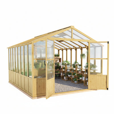 Wood Greenhouse Built for Garden Protection, 10x13 Ft Cedar Frame, Polycarbonate Panels, Adjustable Ventilation